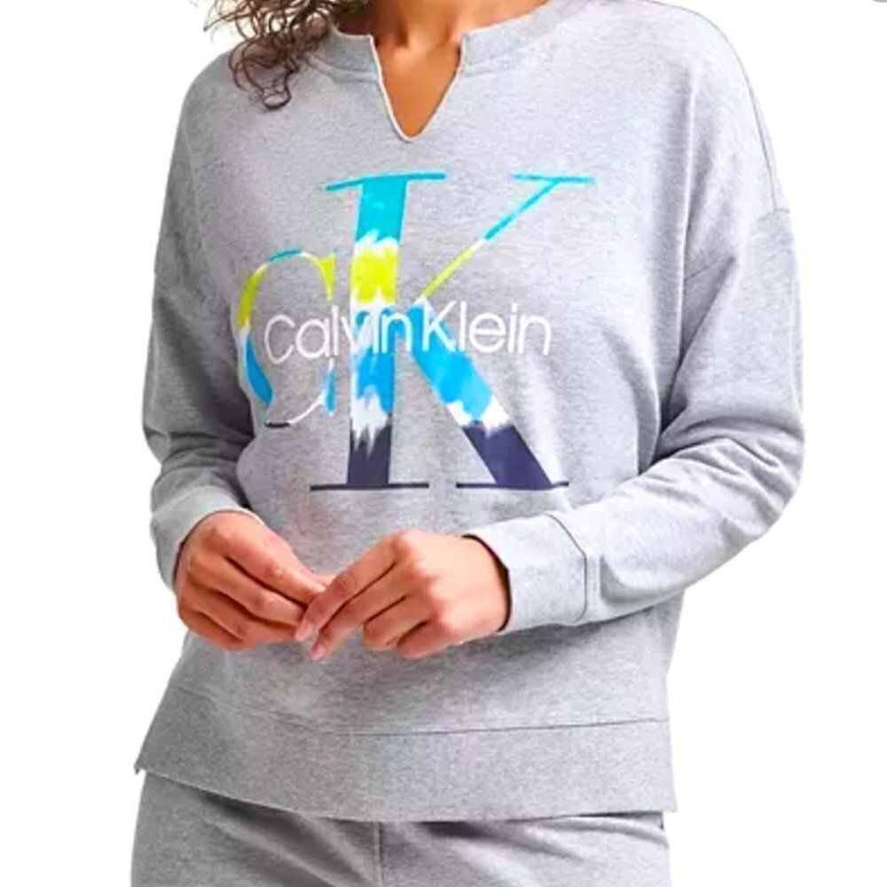Vintage 90s Y2K Calvin Klein Cropped Drop Shoulder Sweatshirt Blue Tie Dye